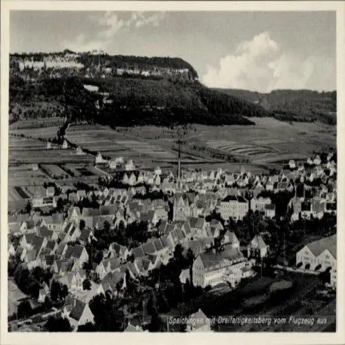 Ak Spaichingen in Württemberg, Luftaufnahme von  Dreifaltigkeitsberg im Hintergrund, idyllische L