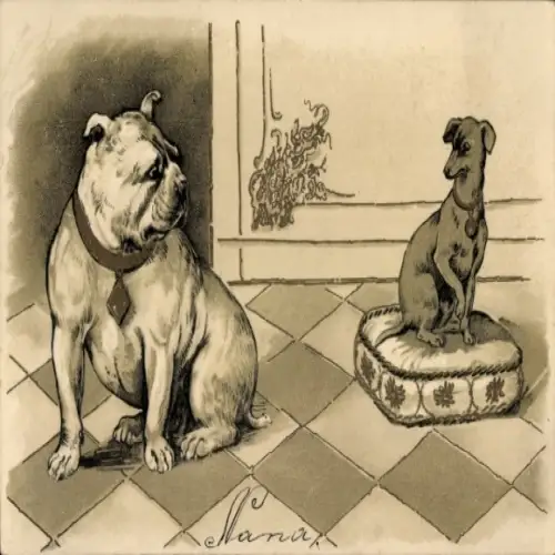 Litho Zwei Hunde, Bulldogge, Terrier auf einem Kissen