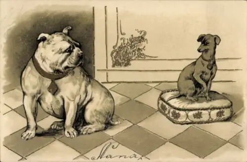 Litho Zwei Hunde, Bulldogge, Terrier auf einem Kissen