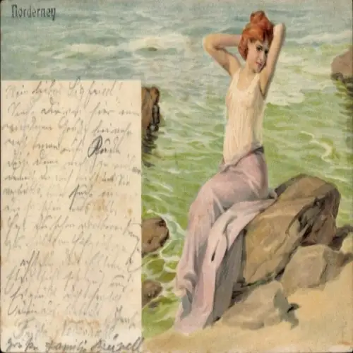 Litho  Norderney, Frau auf Felsen am Strand