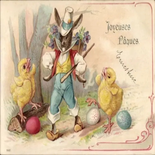 Litho Glückwunsch Ostern, Vermenschlichter Osterhase, Küken, Osterei