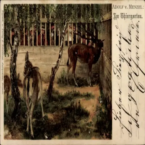 Künstler Litho von Menzel, Adolph, Im Thiergarten, Hirsche, Tiergarten, Gehege