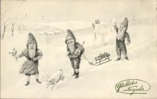 Ak Glückwunsch Neujahr, Zwerge, Schwein, Schlitten, Schneemann
