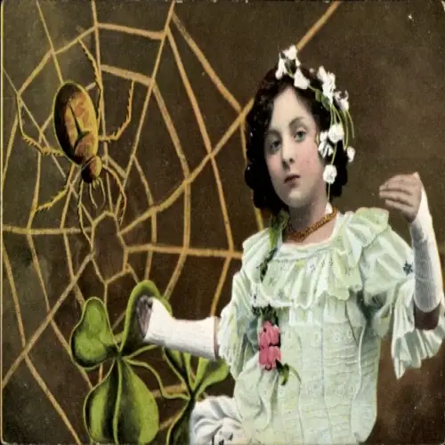 Ak Mädchen in weißem Kleid, Spinne, Glücksklee