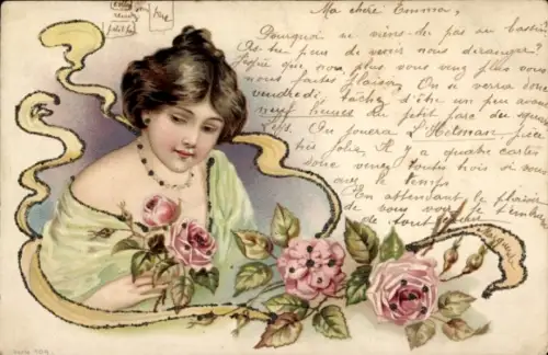 Litho Porträt einer jungen Frau, Rosen