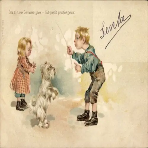 Litho Der kleine Lehrmeister, Kinder, Weißer Hund