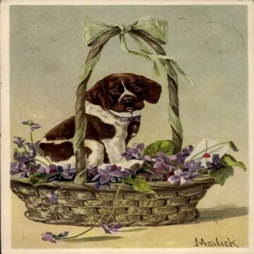 Künstler Ak Mailick, Hund im Korb voller Blumen