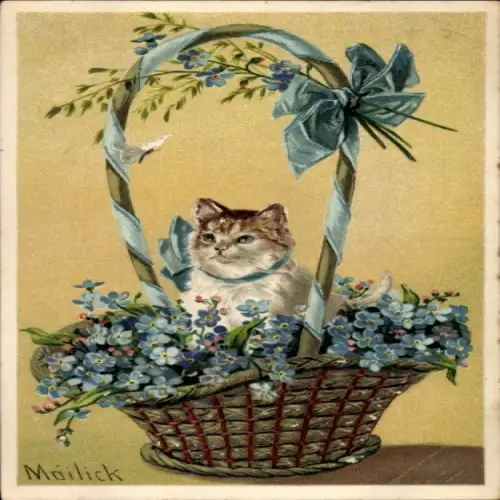 Präge Künstler Ak Mailick, Katze im Blumenkorb, Vergissmeinnicht
