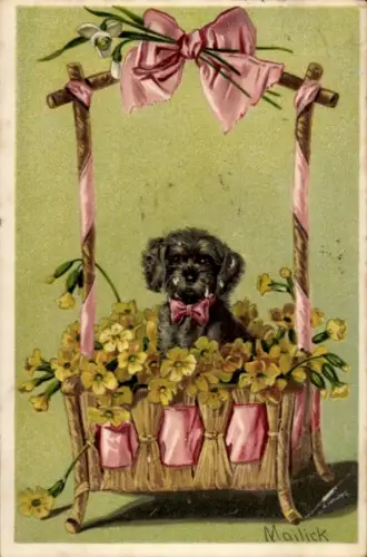 Präge Künstler Ak Mailick, Hund in einem Blumenkorb