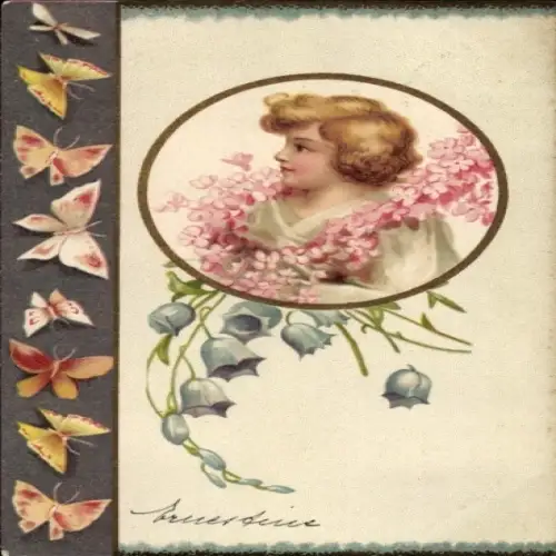 Präge Litho Mädchen-Portrait, Blumen, Schmetterlinge