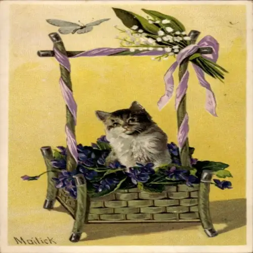 Künstler Präge Ak Mailick, Katze in einem Blumenkorb, Schmetterling