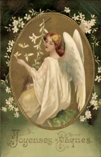 Präge Litho Glückwunsch Ostern, Engel, Blumen