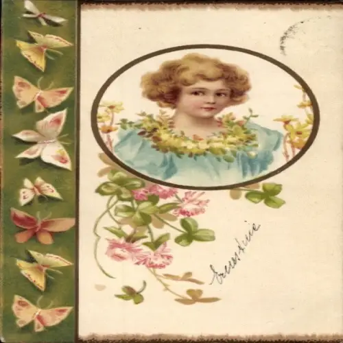 Litho Kind-Porträt, Glücksklee, Schmetterlinge
