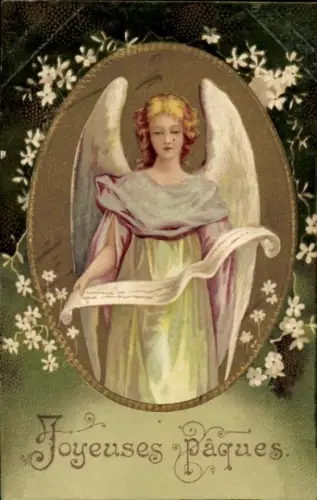 Präge Litho Glückwunsch Ostern, Engel, Blumen