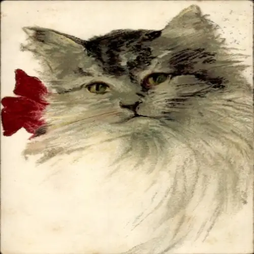 Ak Gemaltes Porträt einer Katze, Rote Schleife