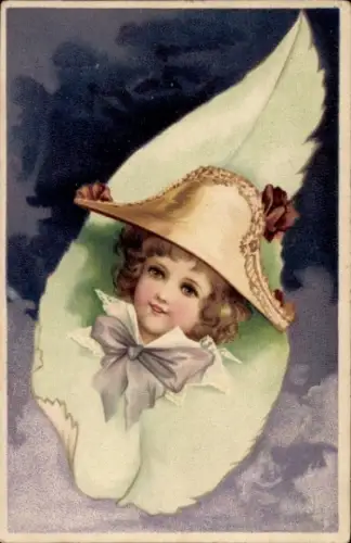 Glitzer Litho Blondes Kind mit Admiralshut in einem Blatt, Feder