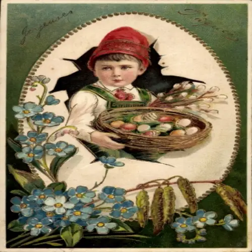 Präge Ak Ostern, Junge in Tracht, Ostereier, Weidenkätzchen, Vergissmeinnicht