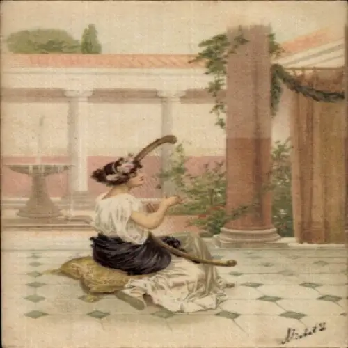 Litho Junge Frau spielt Harfe, Musikinstrument
