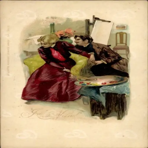 Litho Liebespaar, Schüchterne Frau, Maler, Farbpalette