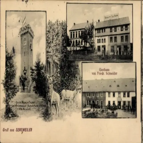 Ak Sensweiler Hunsrück, Kaiser Wilhelm Turm auf dem Erbeskopf, Gasthaus Friedr. Schneider, Brauerei
