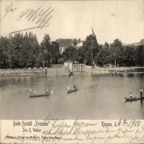 Ak Rzepin Reppen Ostbrandenburg, Badeanstalt Kreuzsee, Inh. K. Weiher, Boote
