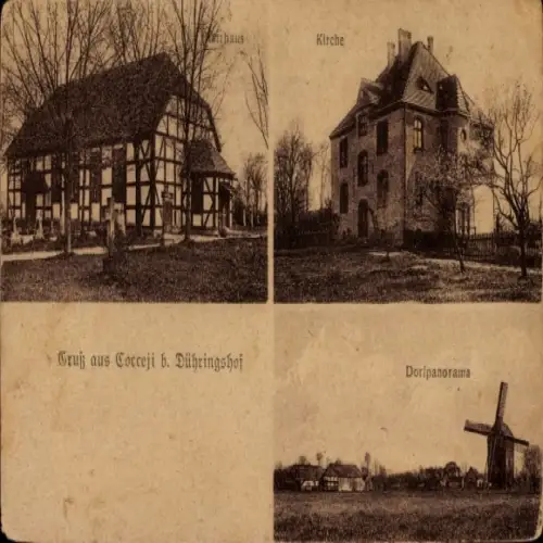 Ak Krzyszczyna Cocceji Neudorf in der Neumark Ostbrandenburg, Pfarrhaus, Kirche, Dorf, Windmühle