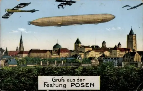 Ak Poznań Posen, Festung, Zeppelin und Flugzeuge über der Stadt