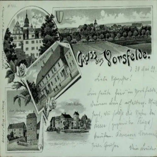 Mondschein Litho Vorsfelde Wolfsburg, Domäne Neuhaus, Wolfsburg, Post, Nacke's Hotel, Panorama