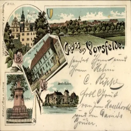Litho Vorsfelde Wolfsburg in Niedersachsen, Domäne Neuhaus, Kriegerdenkmal, Wolfsburg, Nacke's Hotel
