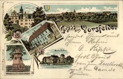 Litho Vorsfelde Wolfsburg in Niedersachsen, Domäne Neuhaus, Kriegerdenkmal, Wolfsburg, Nacke's Hotel