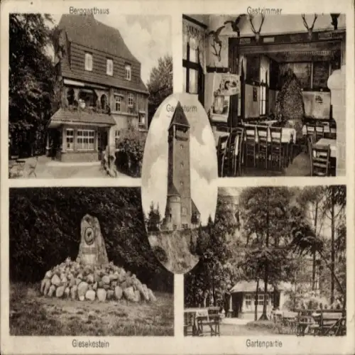 Ak Dransfeld, Hoher Hagen, Berggasthaus auf dem Hohenhagen, Wilhelm Bohre, Gaussturm, Giesekestein