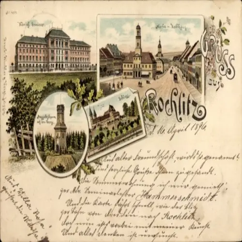Litho Rochlitz in Sachsen, Kgl. Seminar, Schloss, Markt, Rathaus, Aussichtsturm Rochlitzer Berg