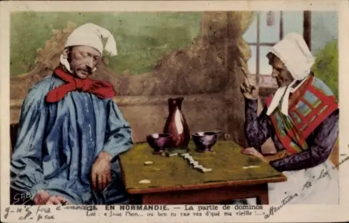 CPA En Normandie, Partie de dominos