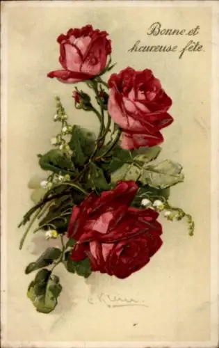 Künstler Ak Klein, Catharina, Rote Rosen, Maiglöckchen