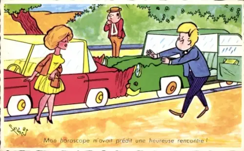 Künstler Ak Verkehrsunfall, Mann beruhigt eine Frau, Autounfall