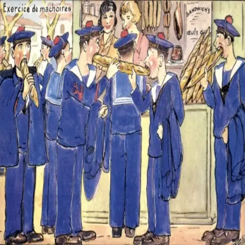 Ak Französische Marinesoldaten beim Essen, Soldatenleben, Humor, Baguette