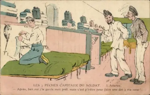 Künstler Ak Französische Armee, 7 Todsünden des Soldaten, Humor