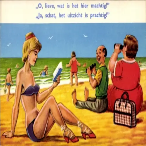 Künstler Ak Strand, O, lieve, wat is het hier machtig, Ja, schat, het uitzicht is prachtig, Humor