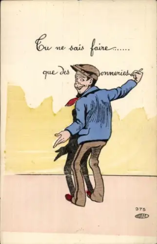 Ak Mann schreibt an der Wand, Tracht, Mütze, Halstuch