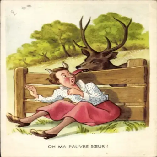 Ak Frau wird von einem Hirsch durch einen Zaun geküsst.