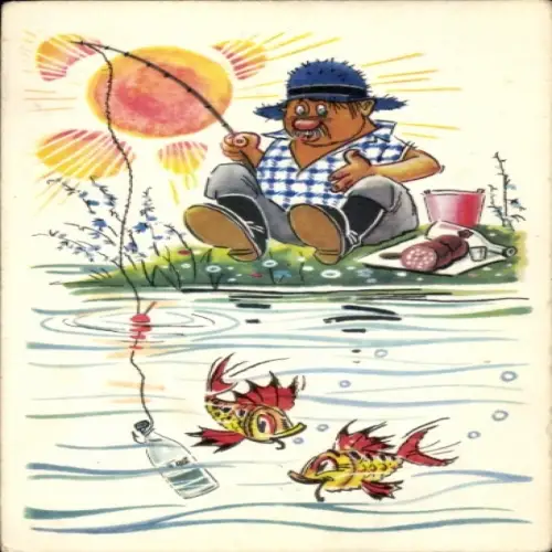 Ak Mann beim Angeln, Fische, Flasche