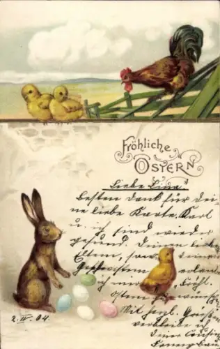 Litho Fröhliche Ostern, Küken, Hahn, Osterhase