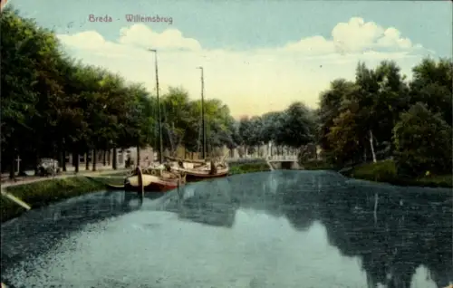 Ak Breda Nordbrabant Niederlande,  Willemsbrug, zwei Segelschiffe auf einem Kanal, Uferpromena...