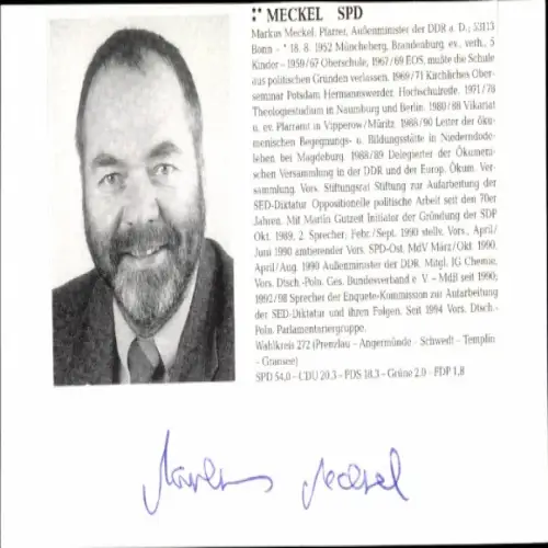 Foto Politiker Markus Meckel, SPD, Autogramm