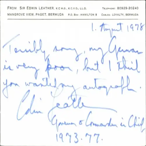 Ak Politiker Sir Edwin Leather, Gouverneur von Bermuda, Autogramm