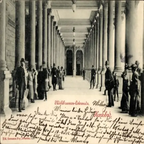Ak Karlovy Vary Karlsbad Stadt, Blick in die Mühlbrunnkolonnade, Kurgäste