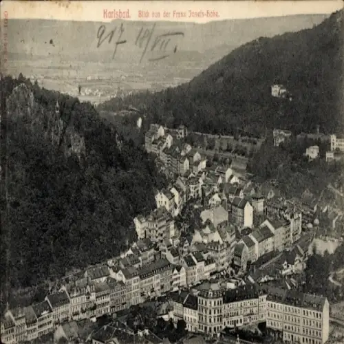 Ak Karlovy Vary Karlsbad Stadt, Blick von der Franz Josefs Höhe