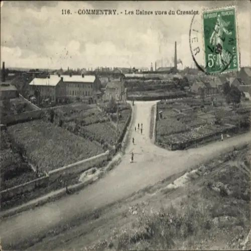 Ak Commentry Allier, Landschaftsansicht, Fabriken, Straßenansicht, Menschen