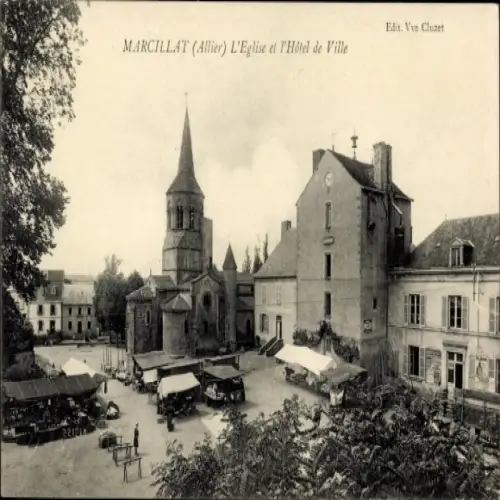 Ak Marcillat Allier, Marktplatz, Kirche, Rathaus,  Architektur