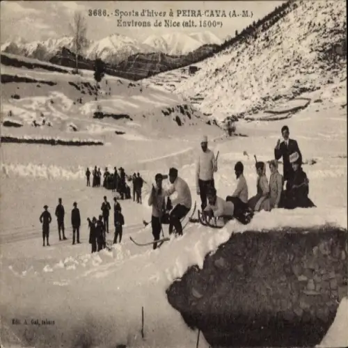Ak Peira Cava Alpes-Maritimes, Wintersport, Skifahrer, Schlitten